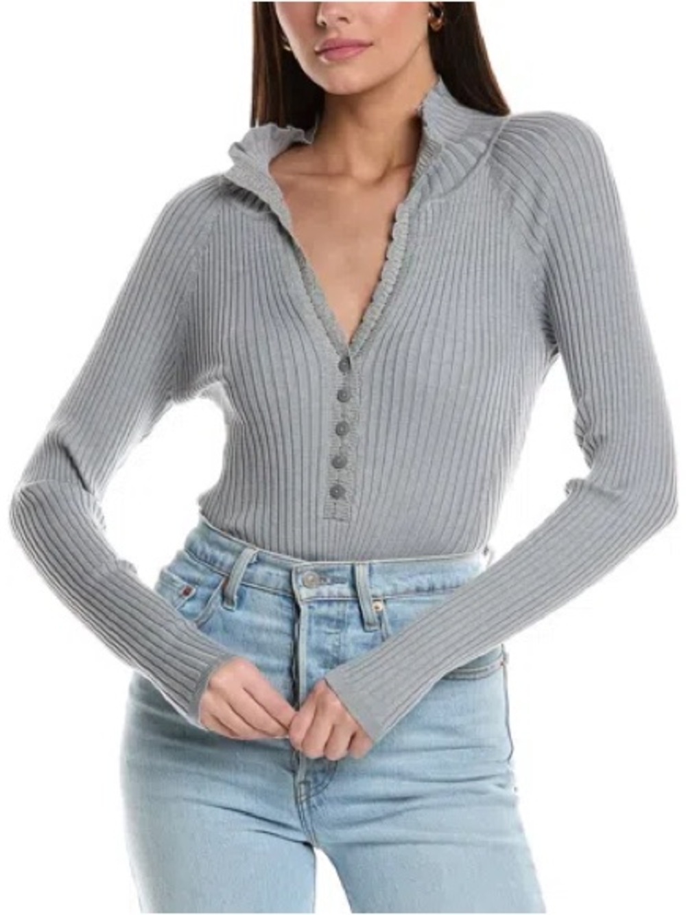 Free People Light Gray Ribbed Henley Sweater